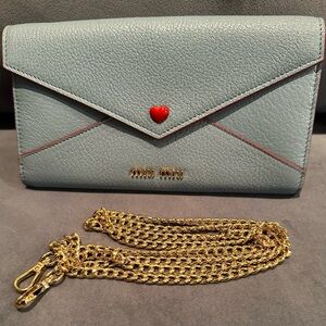 Miu Miu Wallet on Chain Madras Love Astrale Light Blue